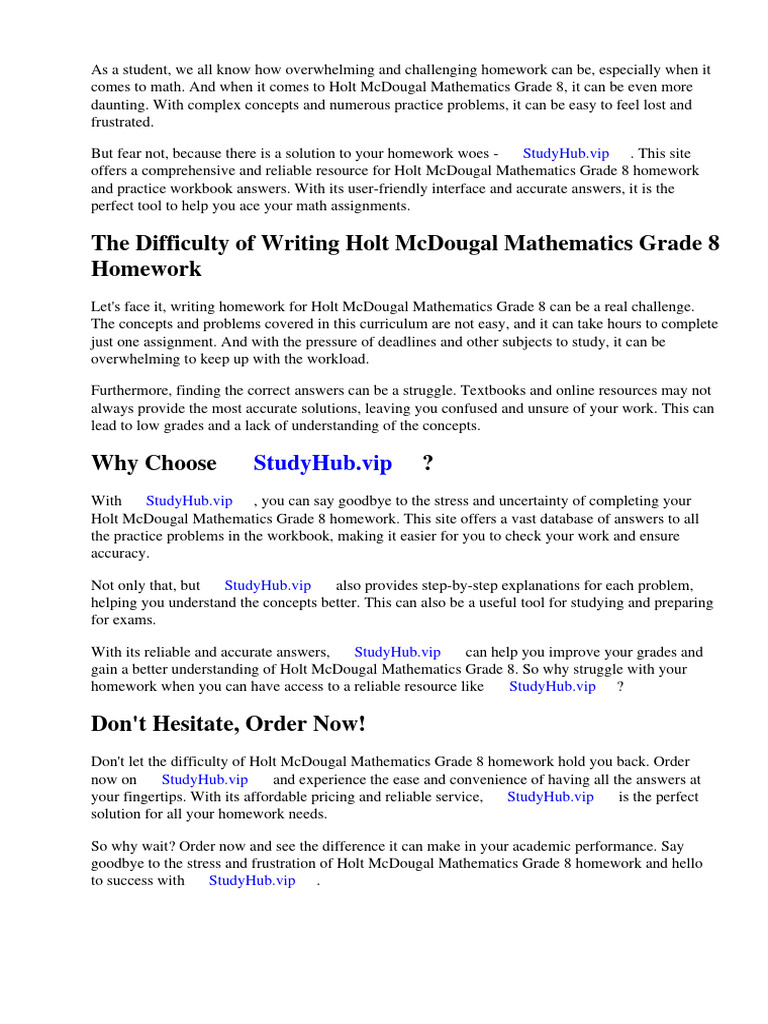 Holt Mcdougal Mathematics Grade 8 Homework and Practice Workbook