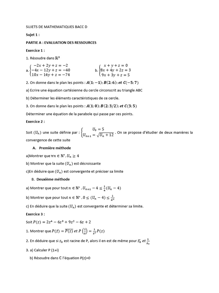 Sujets de Maths Bac D avec Corrigés | PDF | Nombre complexe | Fonction ...