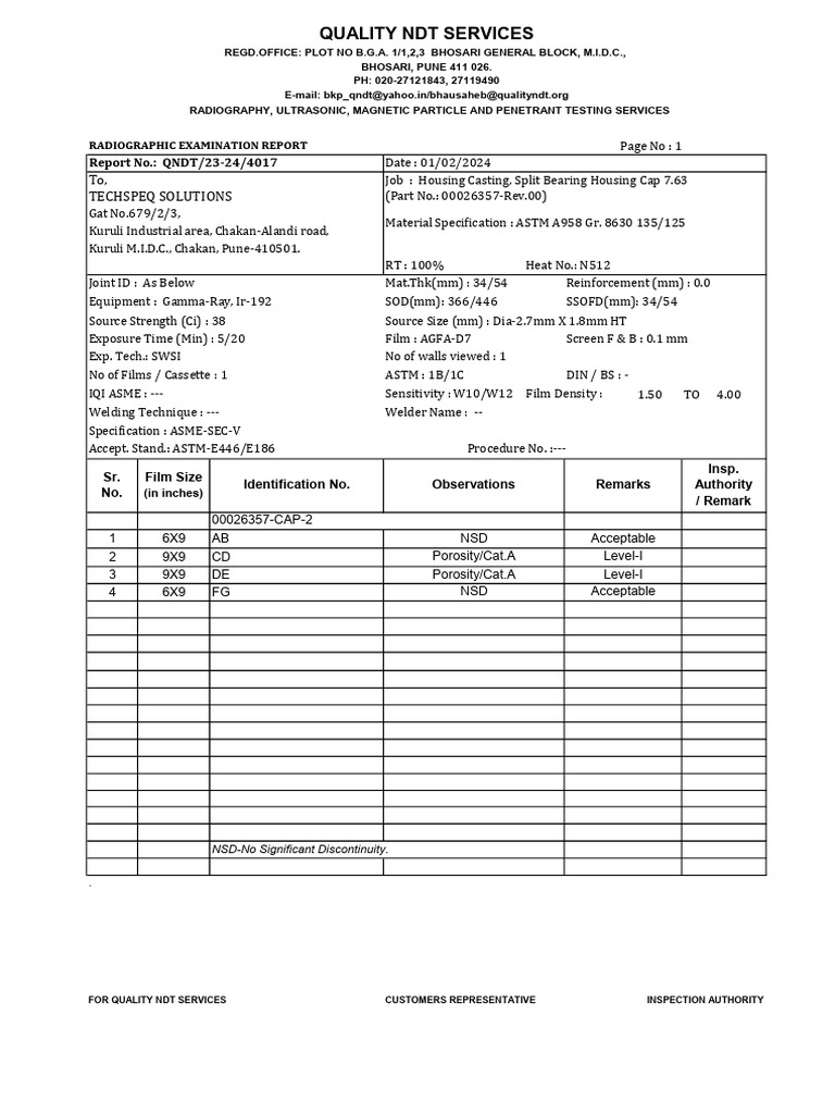 Radiographic Examination Report QNDT/23-24 | PDF | Nondestructive ...