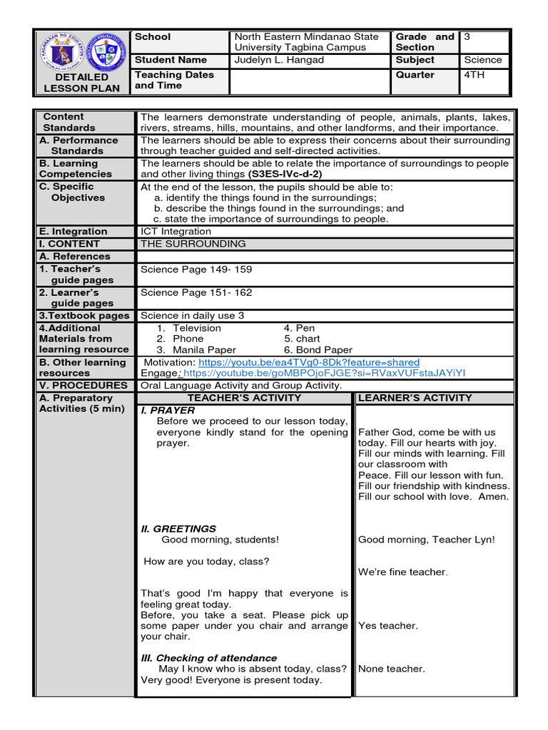 Grade 3 Science Lesson Plan: Surroundings | PDF | Natural Environment ...