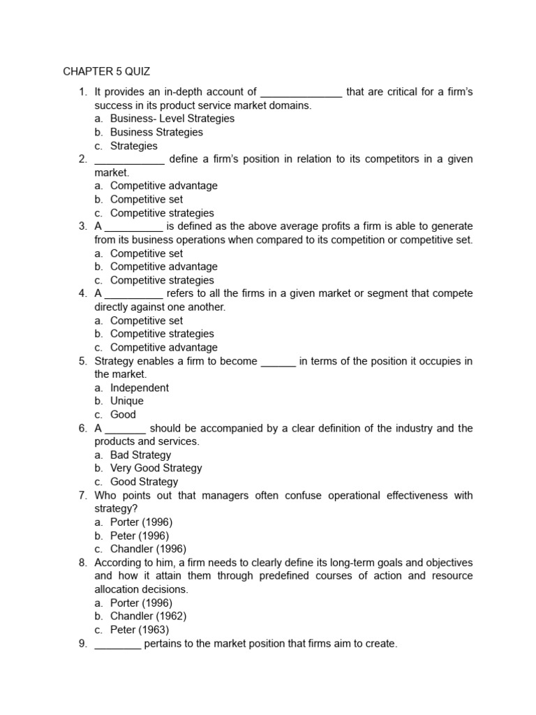 Chapter 5 Quiz | PDF | Strategic Management | Competitive Advantage