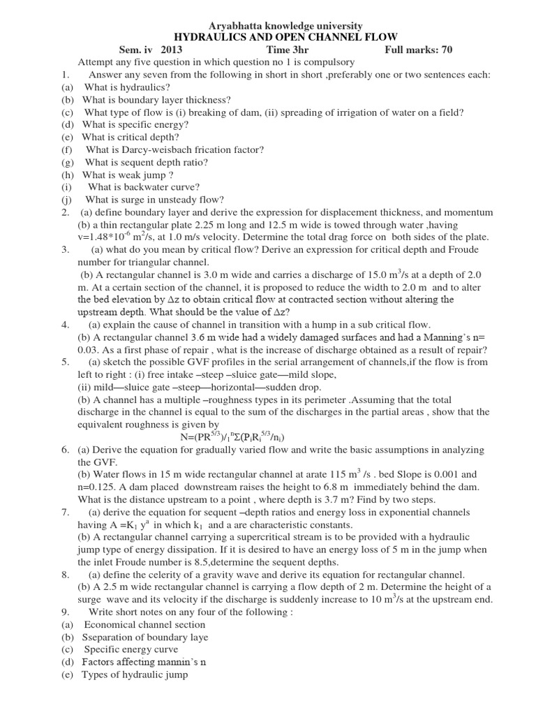Btech Ce 4 Sem Hydraulics and Open Channel Flow 011410 2013 | PDF ...