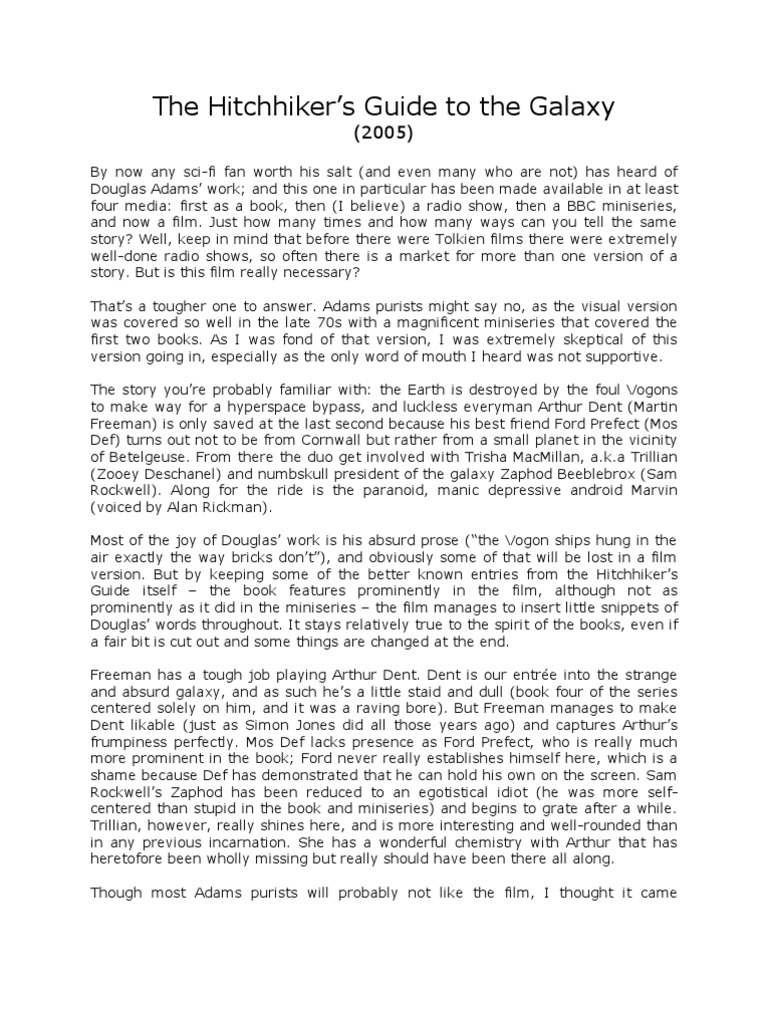 The Hitchhiker's Guide To The Galaxy Movie Review | PDF | Hitchhiking ...