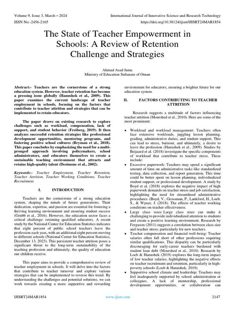 The State of Teacher Empowerment in Schools: A Review of Retention ...