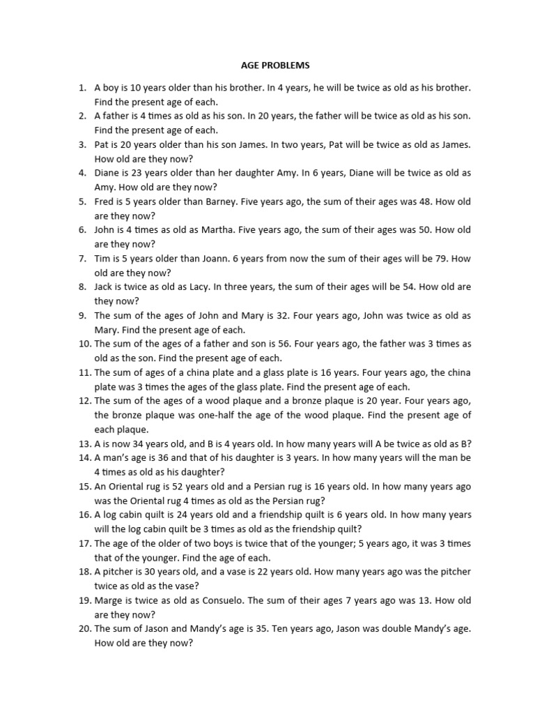 Age Problems Questions with Answers PDF Sculpture