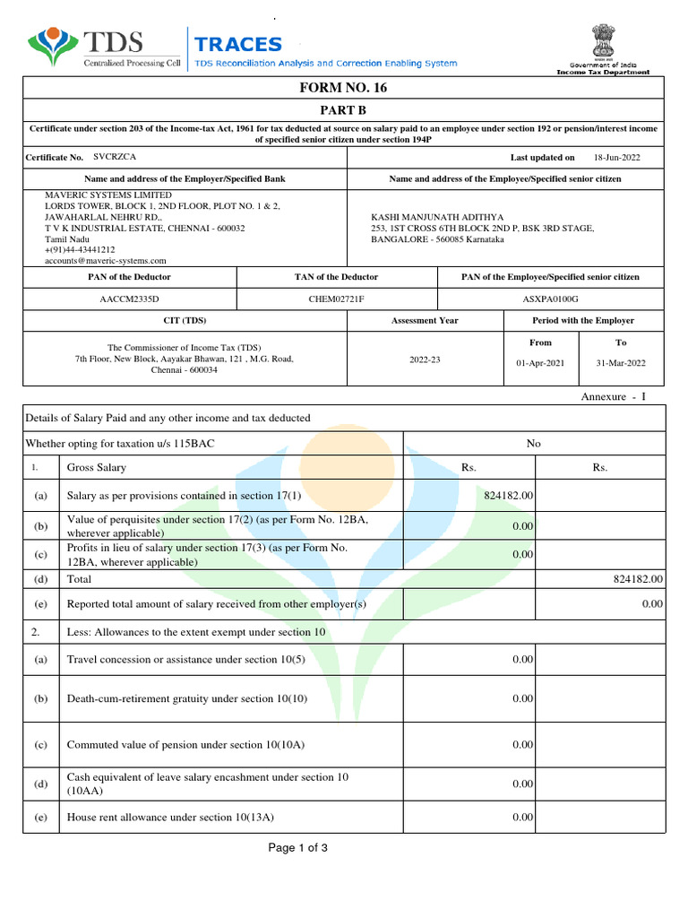 Form 16 Part B: Salary TDS Certificate | PDF | Tax Deduction | Pension