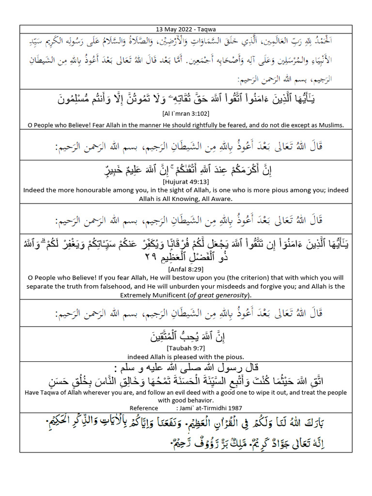 Taqwa: A Jummah Khutbah Guide | PDF | Islamic Belief And Doctrine
