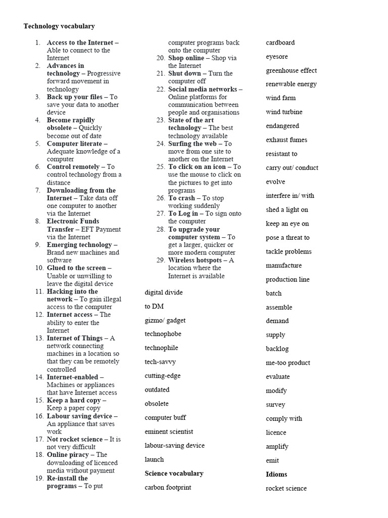 Technology Vocabulary 1 | PDF | Internet | Computing