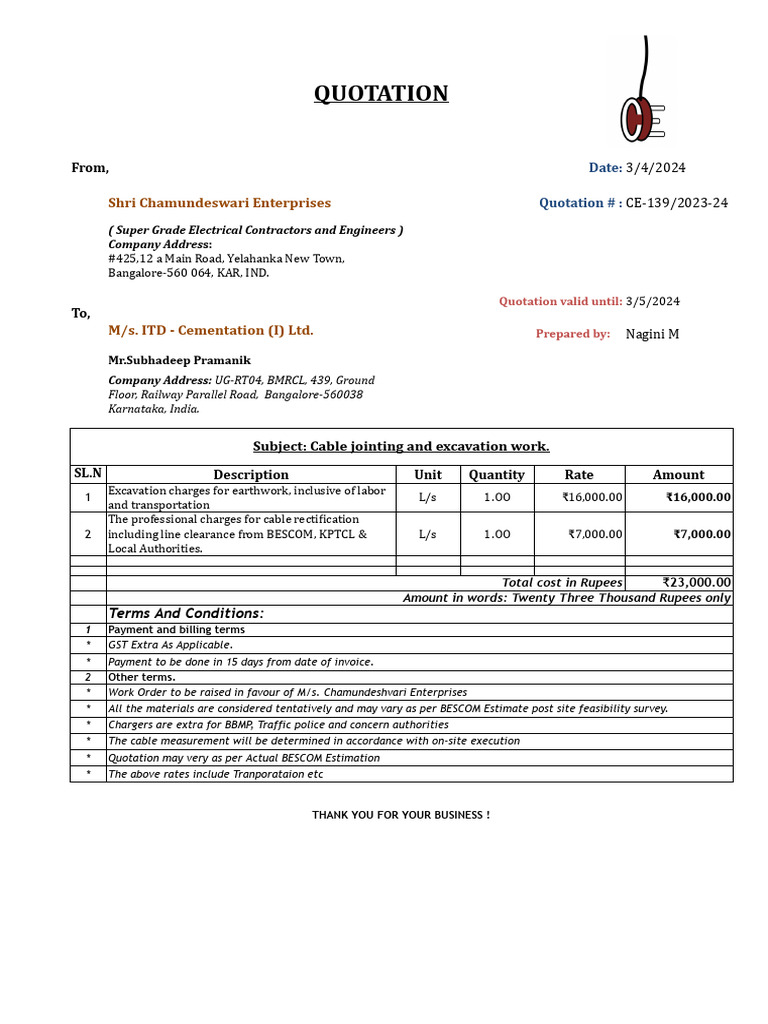 ITDC Bangalore Quotation for Cable Work | PDF | Technology & Engineering