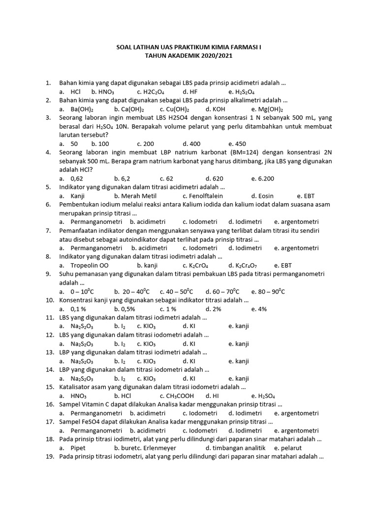 Soal Latihan UAS Kimia Farmasi 2021 | PDF | Metode & Bahan Ajar | Sains ...