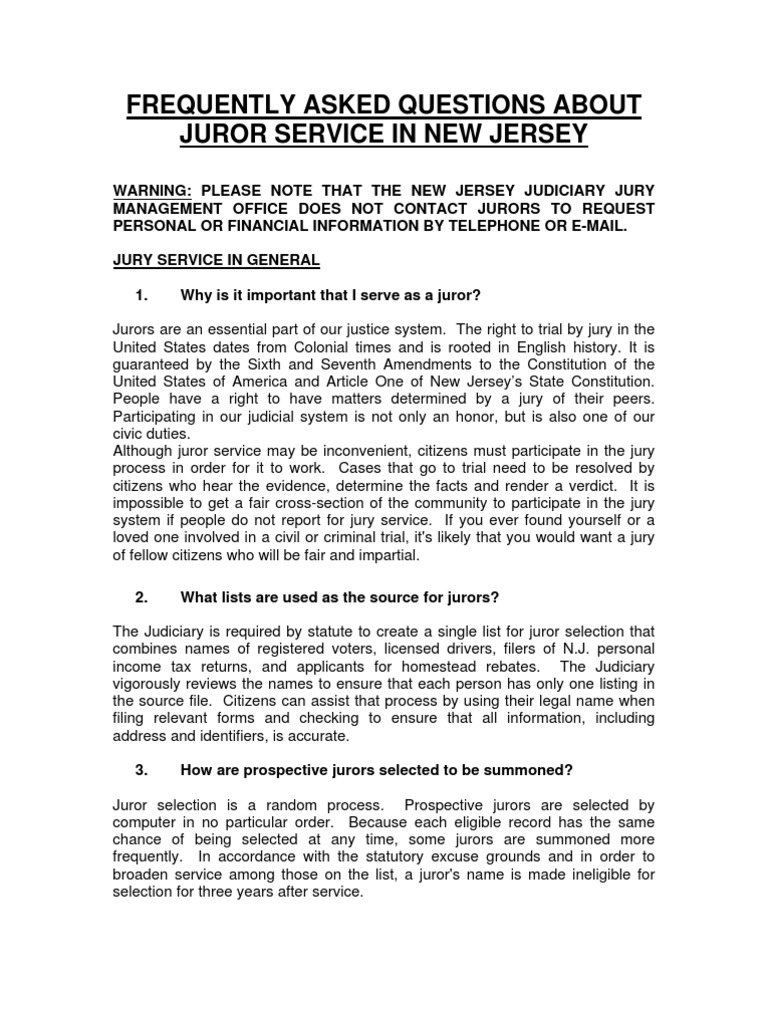 Frequently Asked Questions About Juror Service in New Jersey PDF