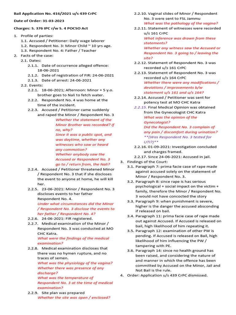 Arguments - BAIL - Section 376 - POCSO - JK HC - 2023 | PDF | Bail ...
