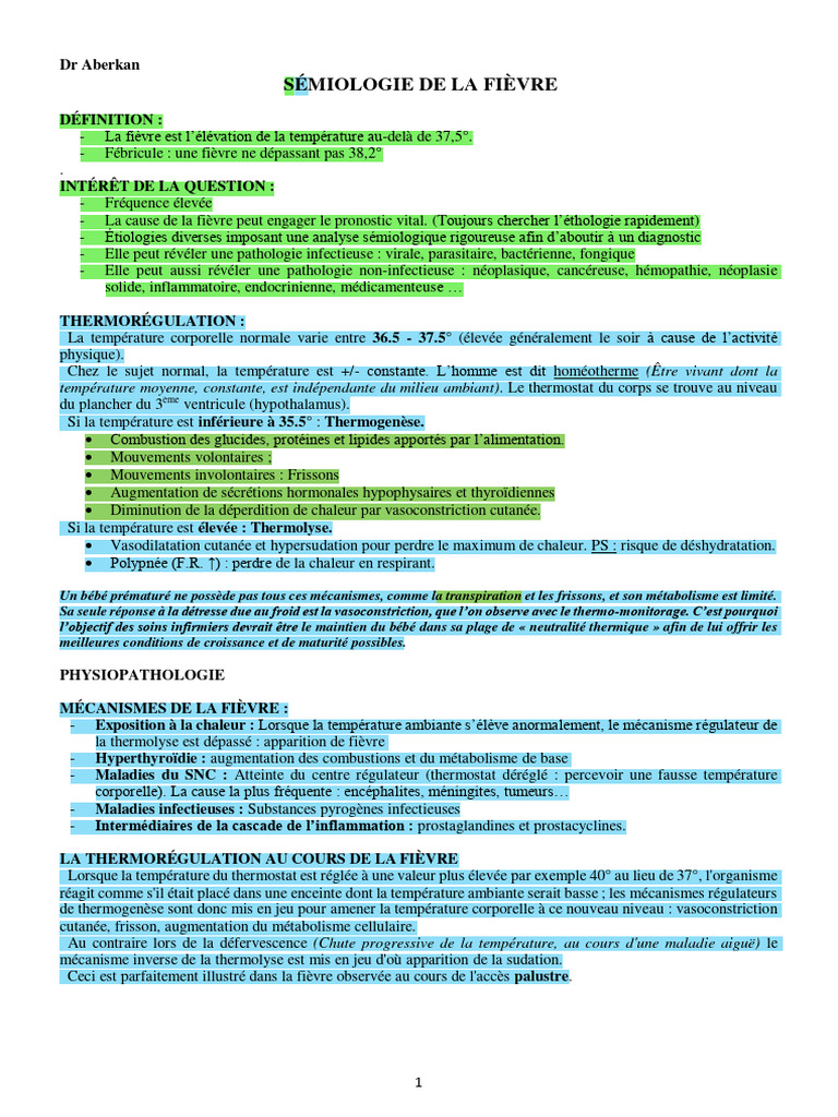 Séméiologie et Physiopathologie de la Fièvre | PDF | Fièvre | Médecine ...