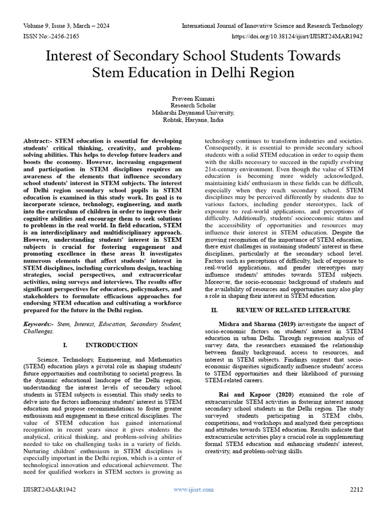 Interest of secondary school students towards stem education in delhi