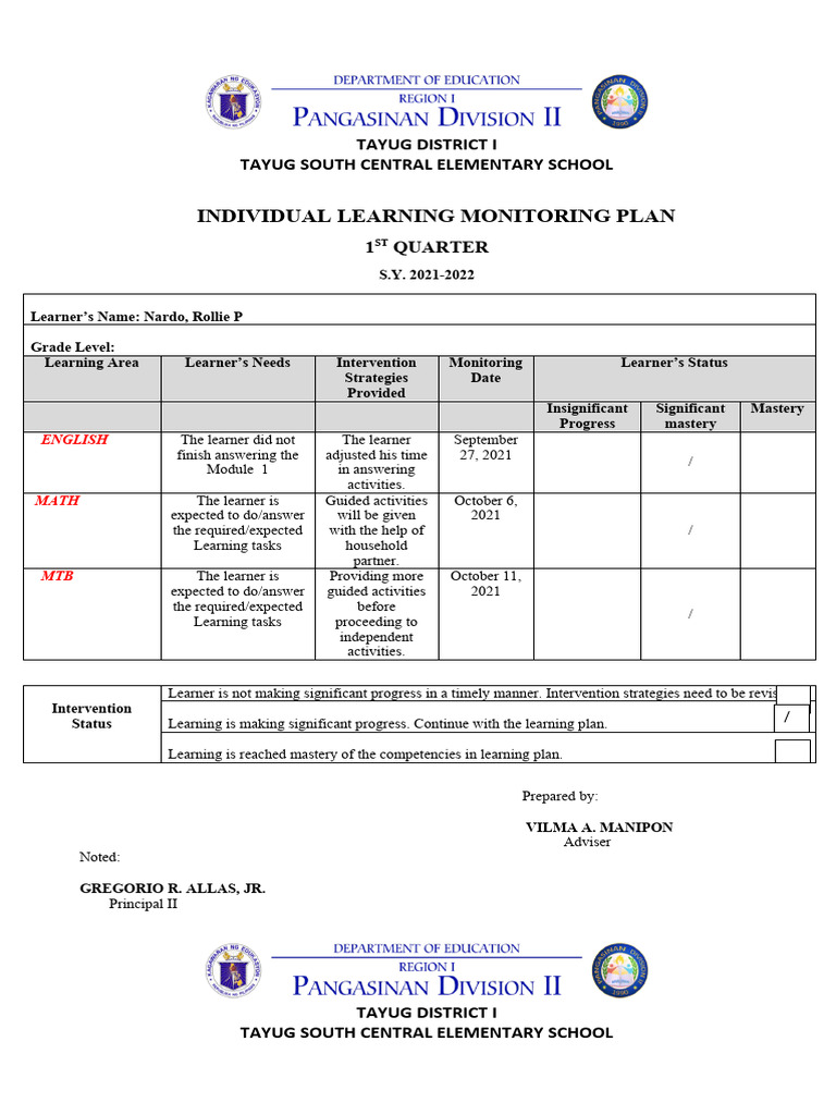 INDIV. LEARNING MONITORING PLAN Grade4 Maayos | PDF | Psychological ...