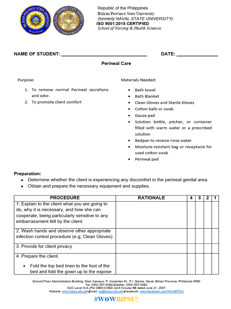 Perineal Care Checklist | PDF | Labia