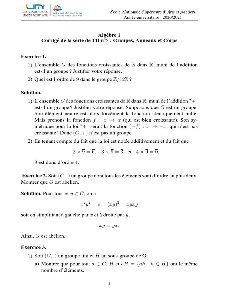 Corrigé TD Algèbre 1 : Groupes et Corps | PDF | Groupe (Mathématiques ...