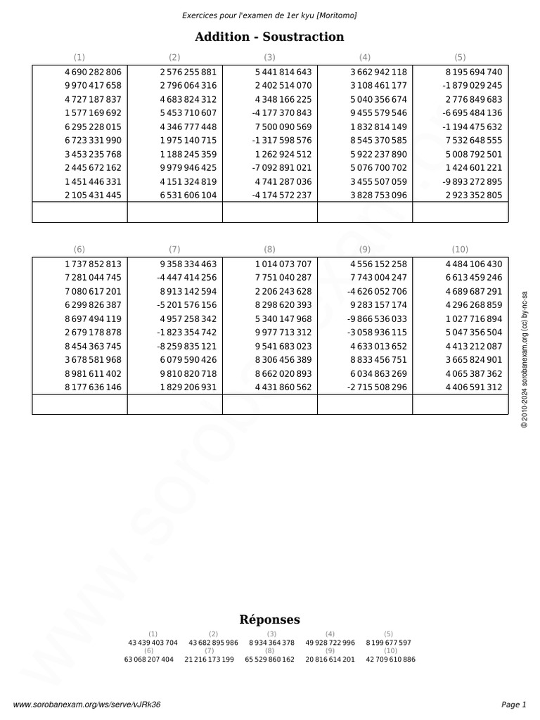 Exercices pour l'examen de soroban | PDF