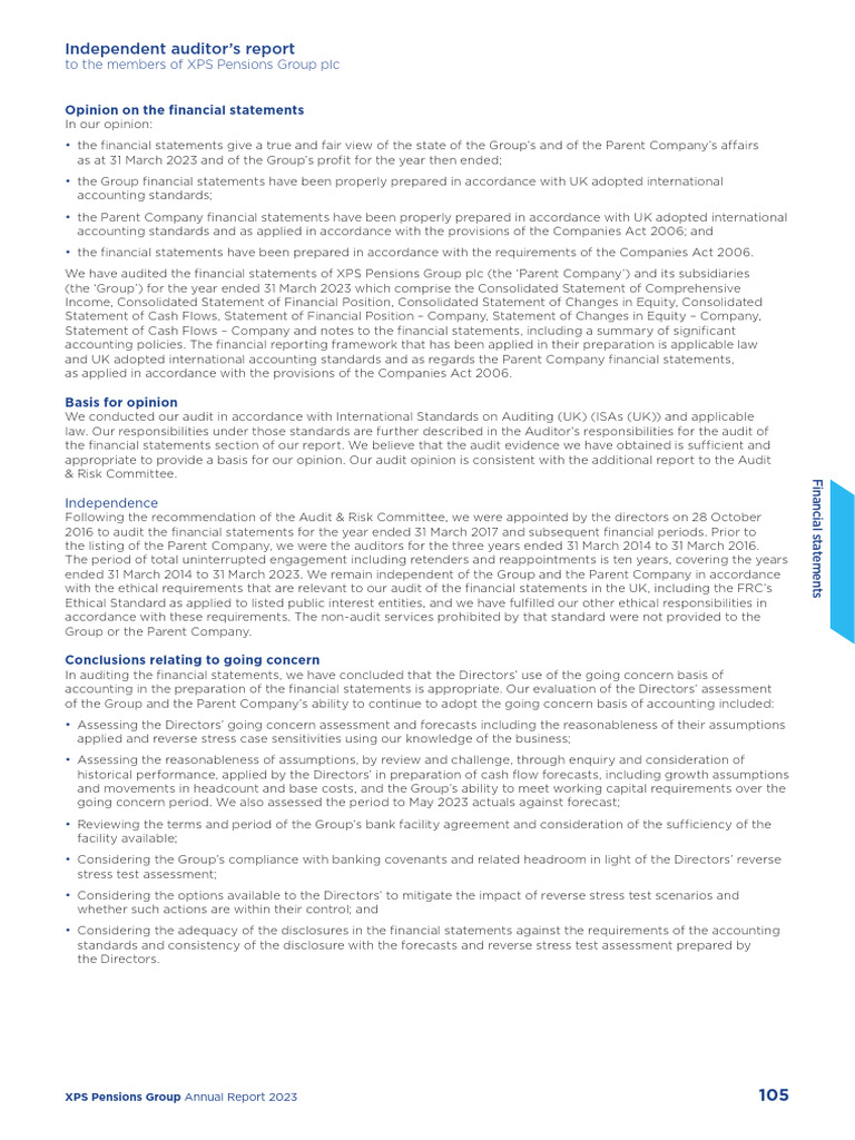 XPS Pensions Group 2023 Financial Report | PDF | Audit | Going Concern