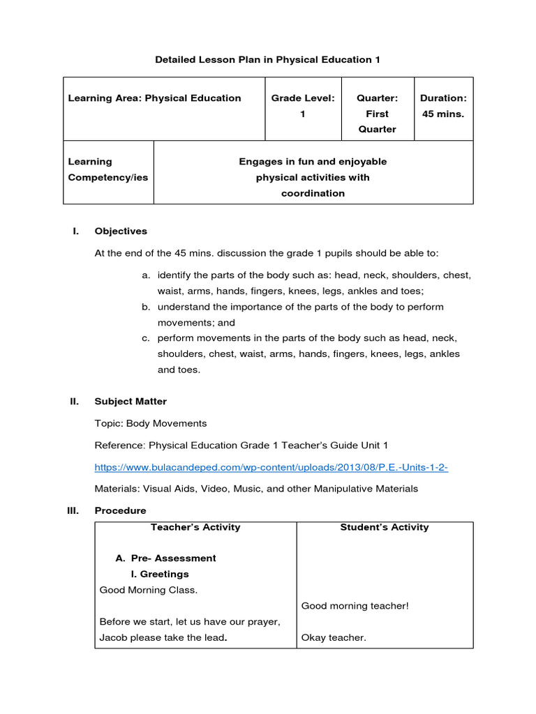 Detailed Lesson Plan in Physical Education 1 (F18) PDF Senses