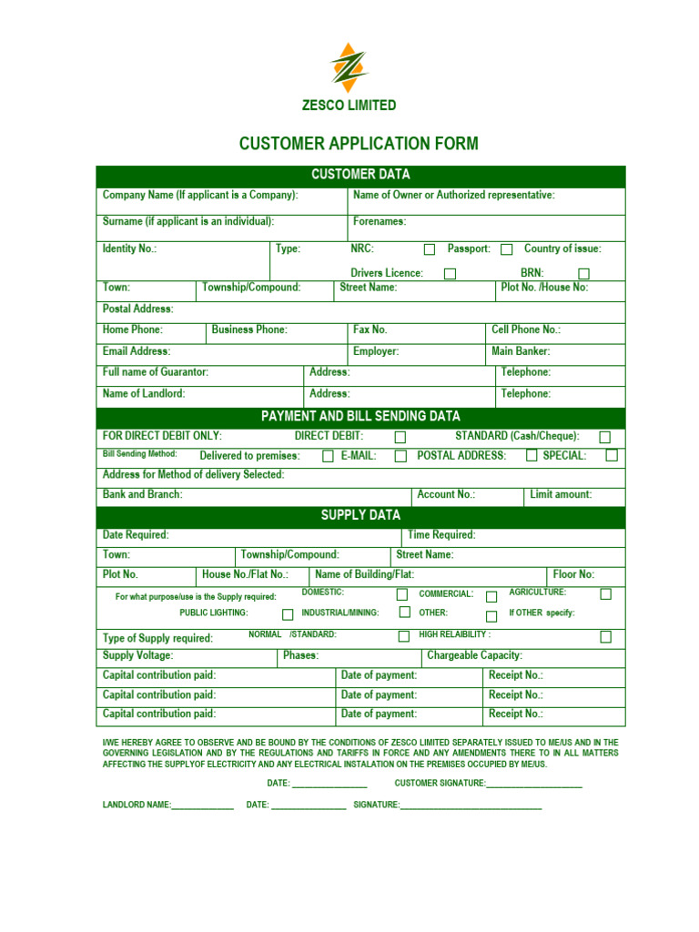 Zesco Customer Application Form | PDF | Payments | Fee