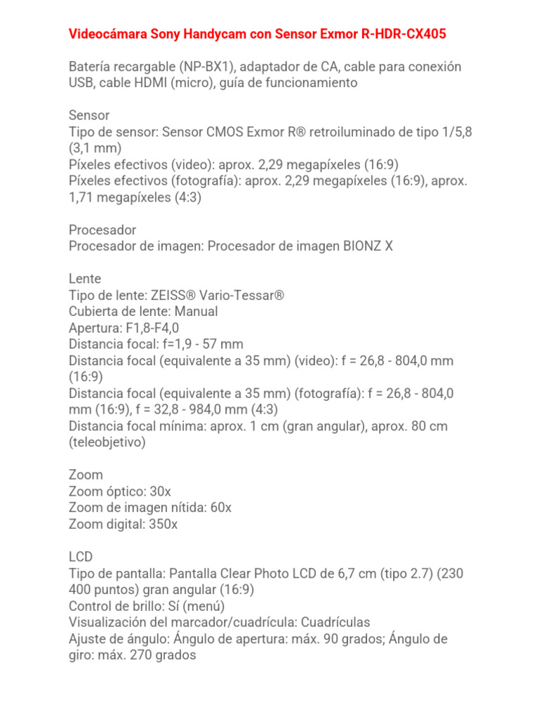 Videocámara Sony Handycam Con Sensor Exmor R | PDF | Estabilización de ...