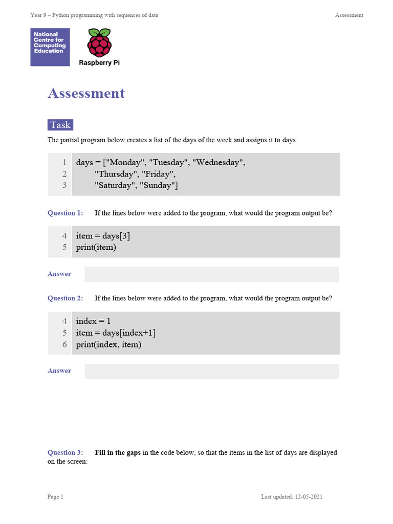 Computer Science Exam (Python Programming With Sequences of Data ...