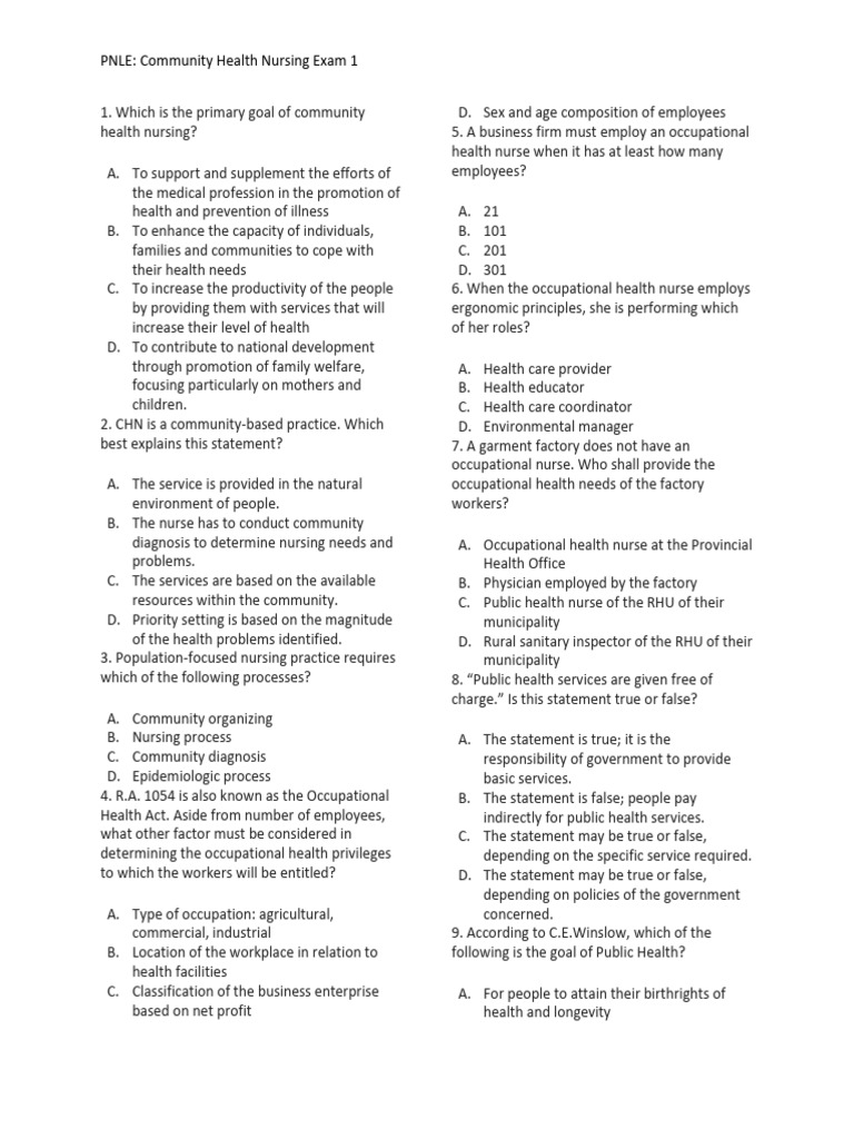 PNLE Community Health Nursing Exam 1 | PDF | Nursing | Midwife