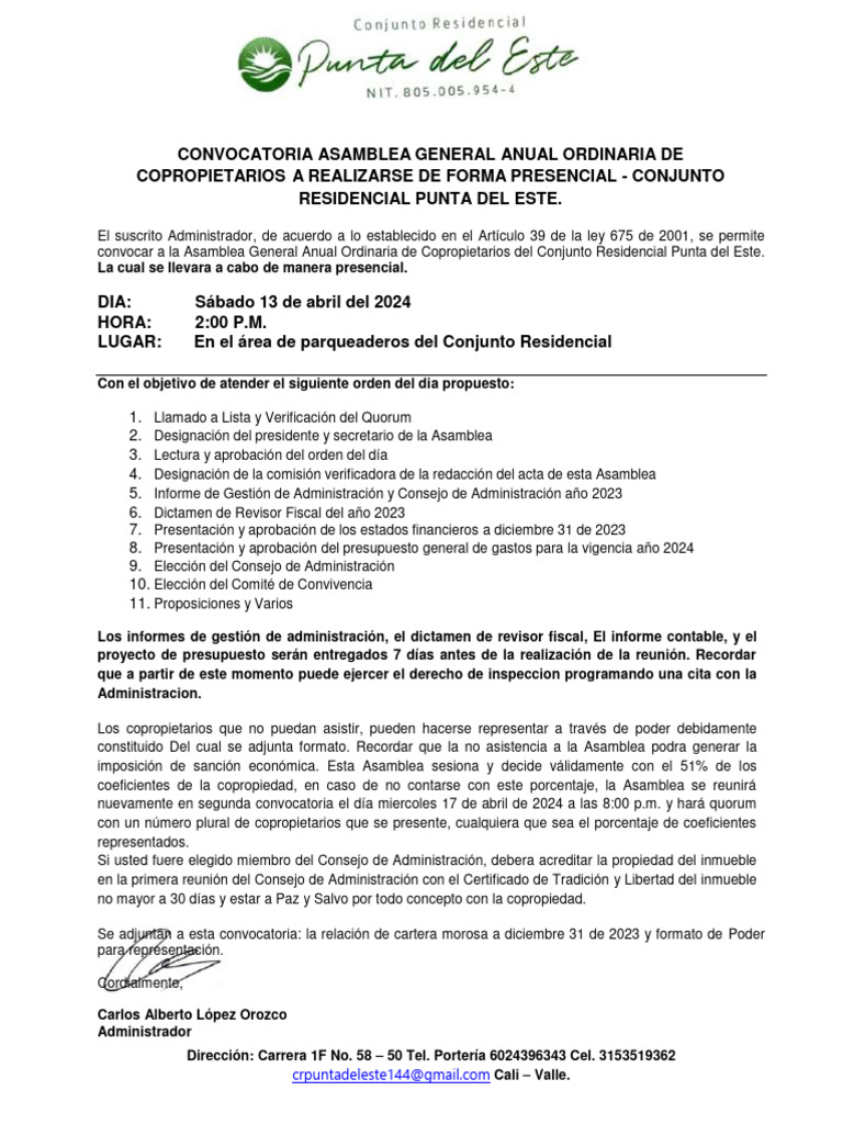 Convocatoria Asamblea General 2024 PDF Condominio Gobierno