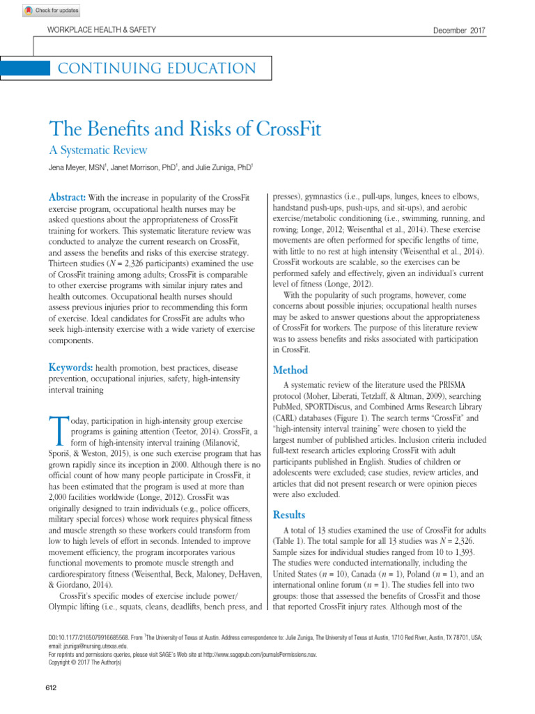 Meyer Et Al 2017 The Benefits and Risks of Crossfit A Systematic Review ...