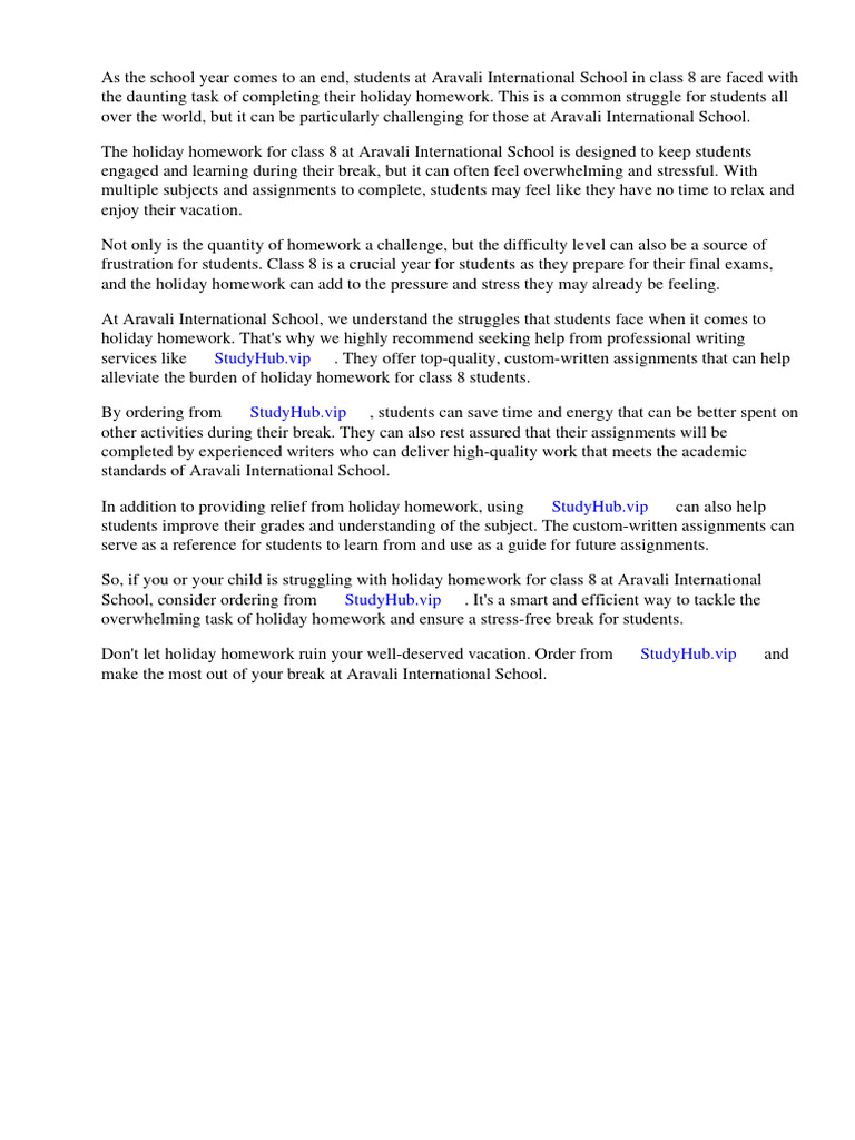 Holiday Homework for Class 8 Aravali International School | PDF ...
