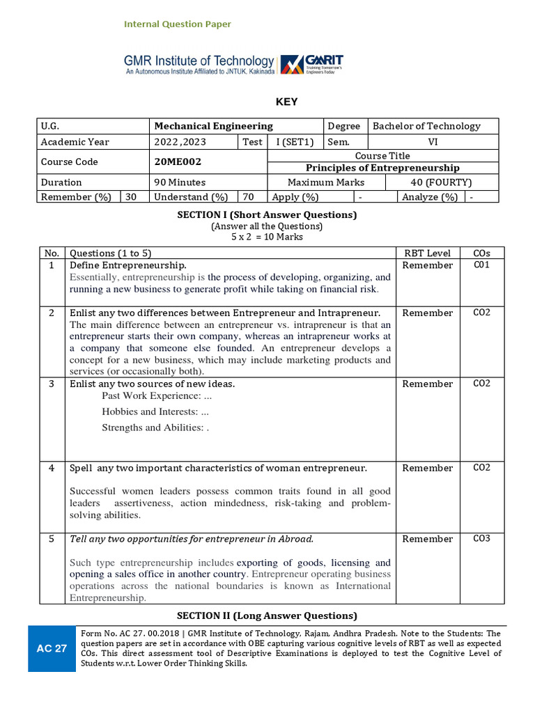 Internal Question Paper: Entrepreneurship Exam | PDF | Entrepreneurship ...