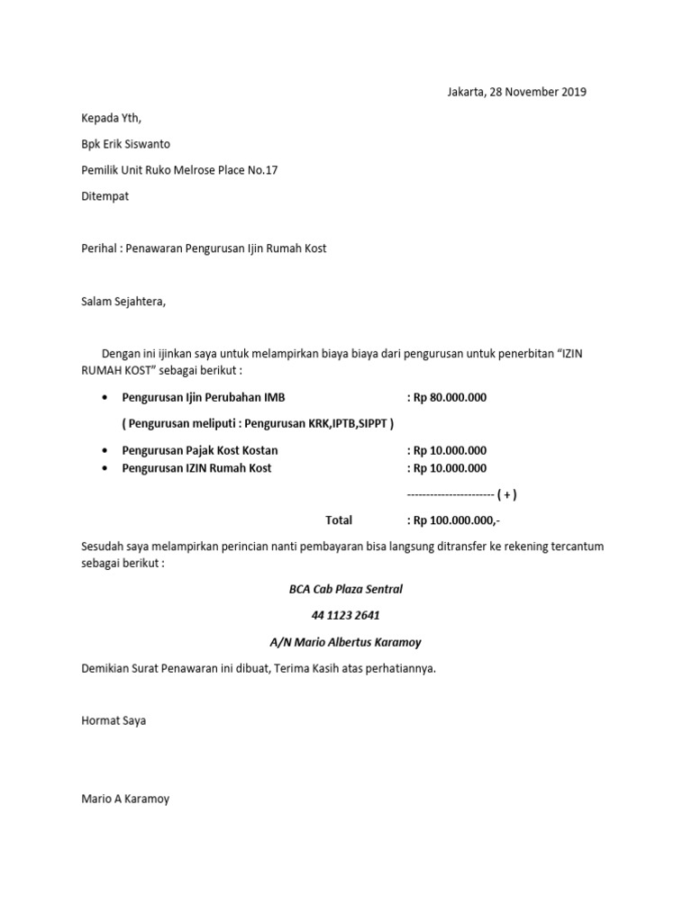 Surat Penawaran Ijin Kost Kostan PDF