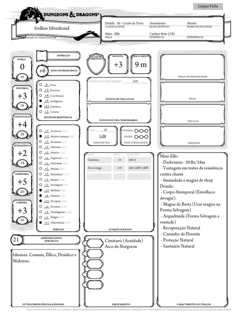 Ficha de Personagem: Druida Meio-Elfo | PDF | Dungeons & Dragons (jogo)