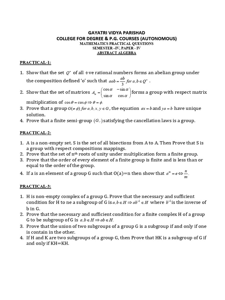 Abstract Algebra Practical Questions | PDF | Group (Mathematics) | Ring ...