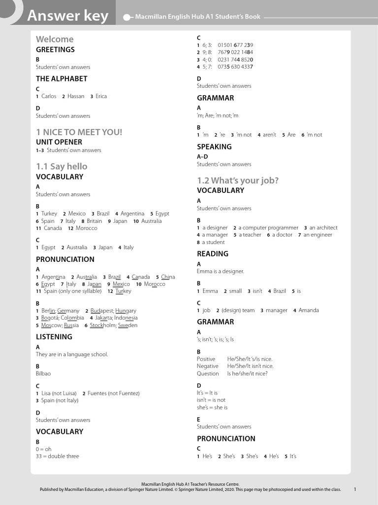 Macmillan English Hub A1 Answer Key | PDF | Lunch | Meal