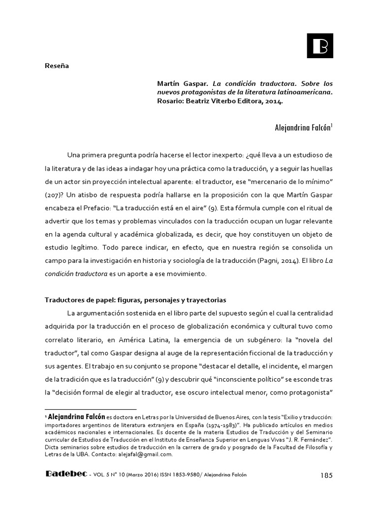 Martín Gaspar. La Condición Traductora. Sobre Los Nuevos Protagonistas