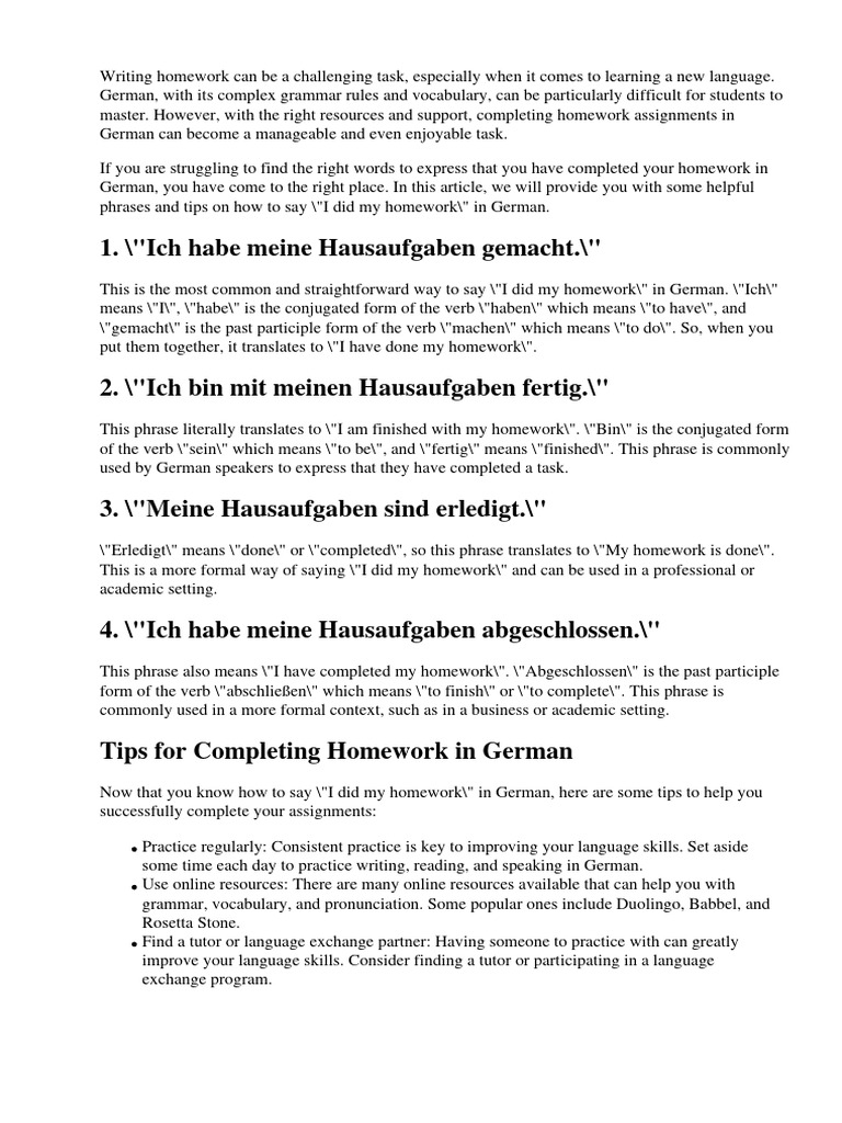 How To Say I Did My Homework In German PDF