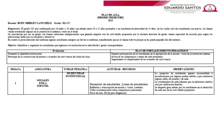 Plan de Aula 501 J.T: Primer Trimestre 2023 | PDF | Salón de clases