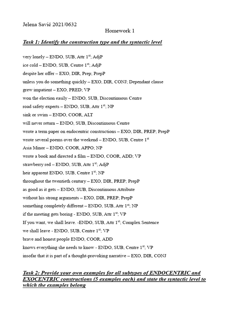 Syntactic Analysis of Endocentric Constructions | PDF | Syntax | Grammar