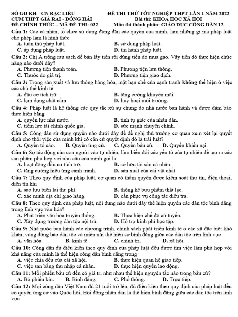 Đề Thi Gdcd 12 - Đề 32 | PDF