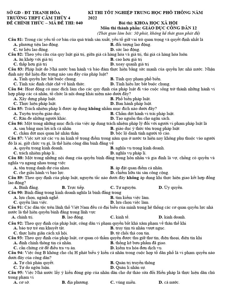 Đề thi GDCD 12 - Đề 40 | PDF
