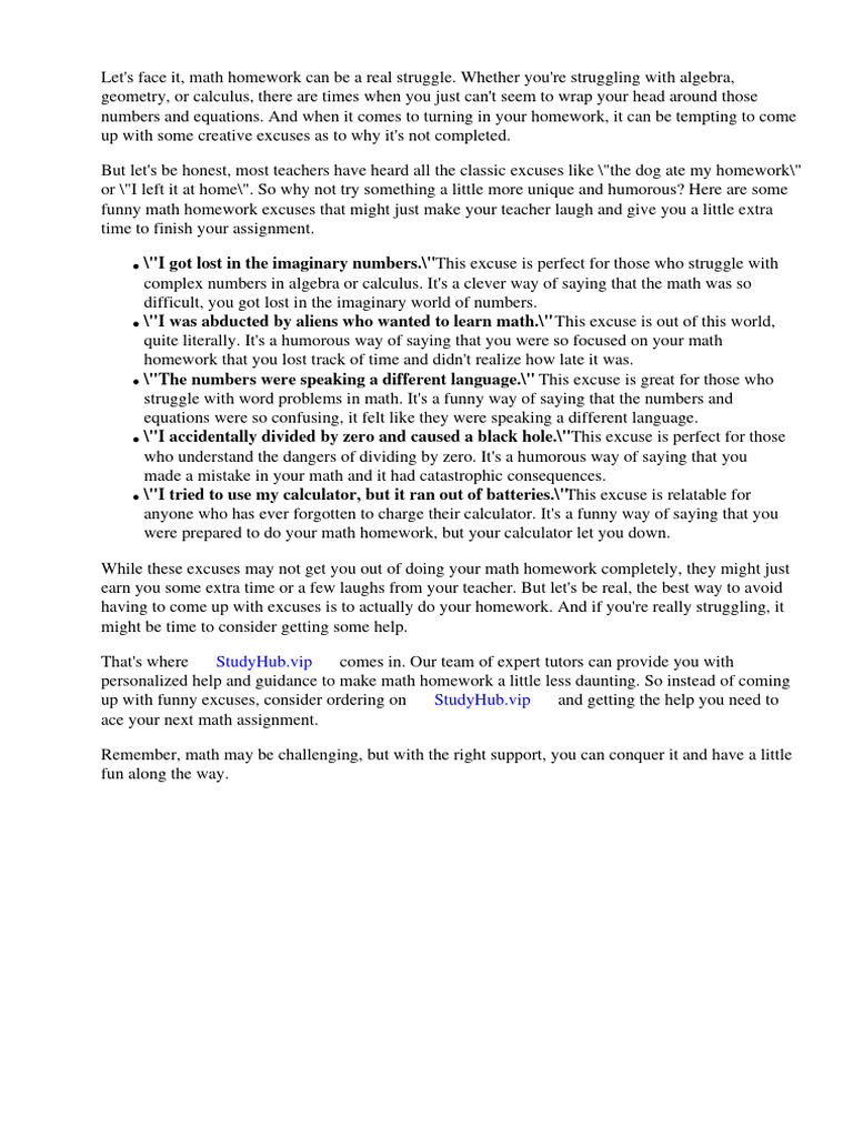 Funny Math Homework Excuses | Download Free PDF | Homework | Mathematics