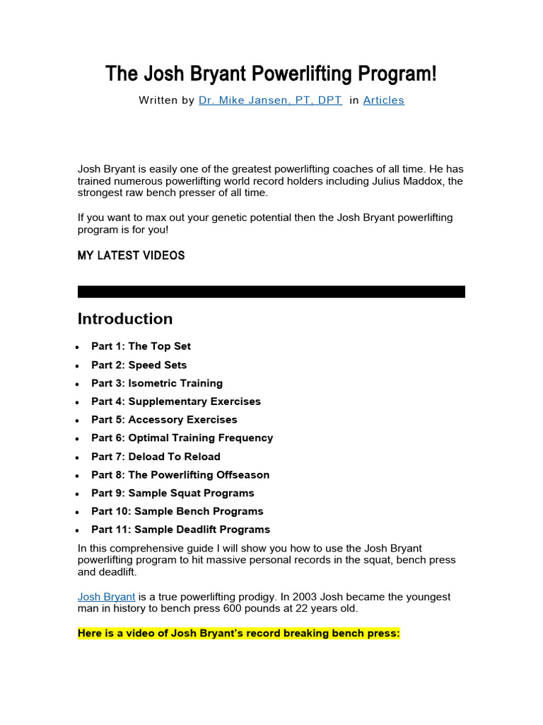Josh Bryant Powerlifting Program Guide | PDF | Muscle Contraction ...