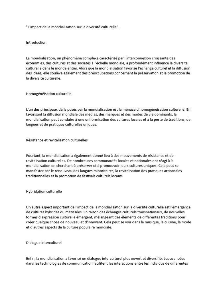 Impact de la Mondialisation sur la Culture | PDF | Globalisation ...