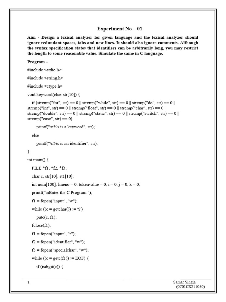 Lexical Analyzer Design in C | PDF | Computer Science | Computer ...