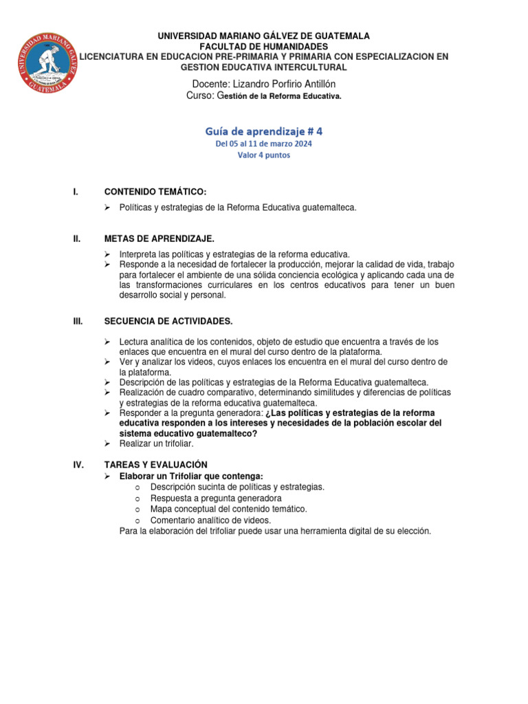Guía de Aprendizaje No. 4, Reforma Educativa | PDF | Crecimiento ...