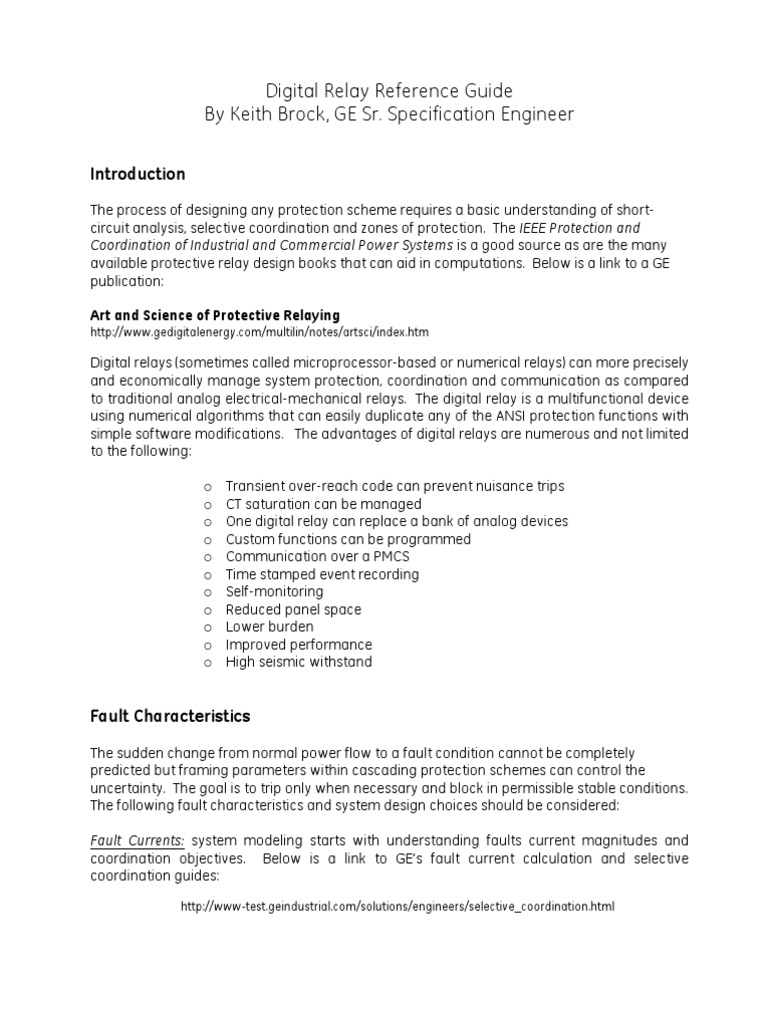 Digital Relay Reference Guide by Keith Brock, GE Sr. Specification