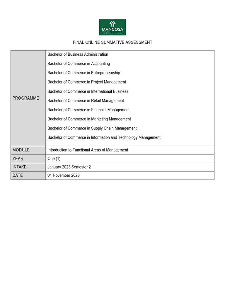 Introduction to functional areas of management final osa pdf