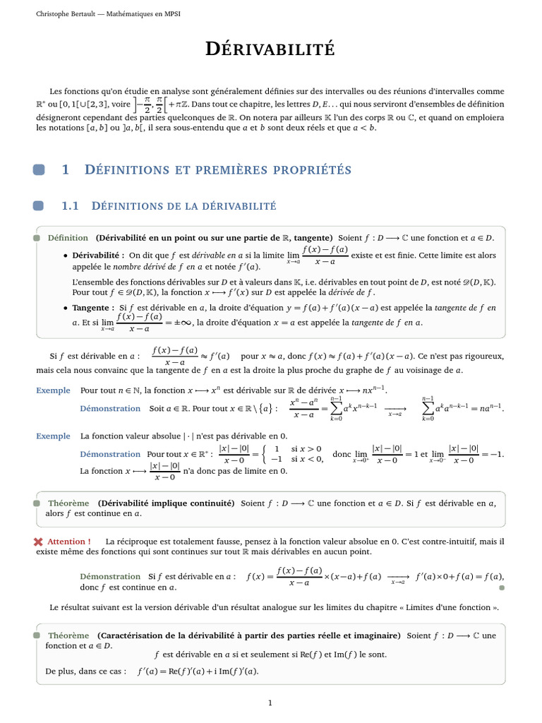 Dérivabilité des fonctions en MPSI | PDF | Concepts mathématiques ...